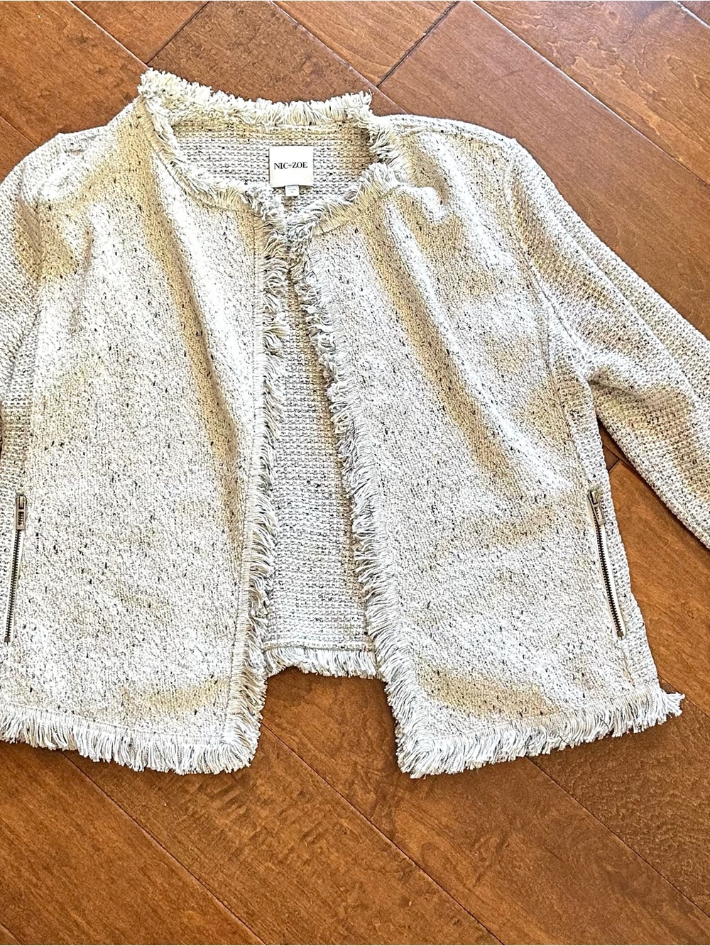 NIC+ZOE Textured Cotton Blend Fringe Jacket Zip Pockets Cream Large - Picture 2 of 9